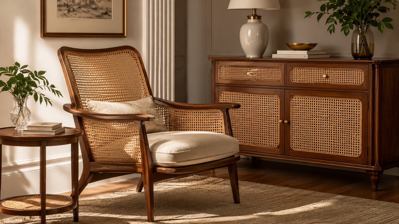 Poltrona e aparador com palhinha em ambiente refinado – Daisy Decorações